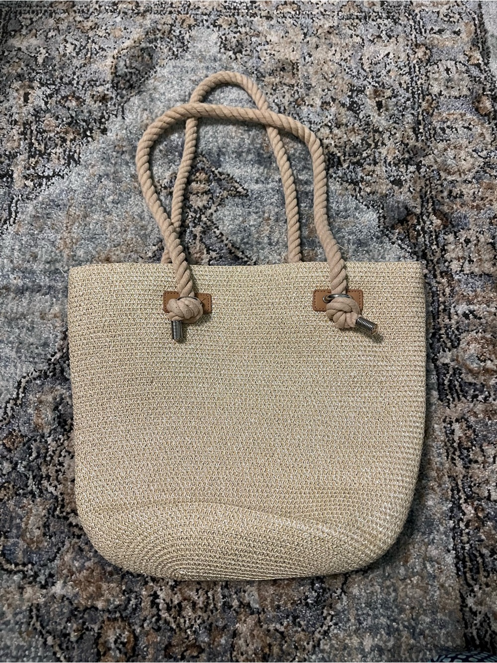 Beige Woven Tote Bag with Rope Handles